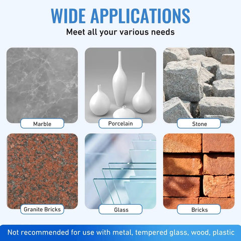 Various surfaces including marble, porcelain, stone, granite bricks, glass, and bricks for 6 Piece Diamond Drill Bit Set For Porcelain Ceramic Glass And Tile With Cooling Wax For Smooth Precise Drilling Diamond Core Bits For Marble Granite And Delicate Surfaces.