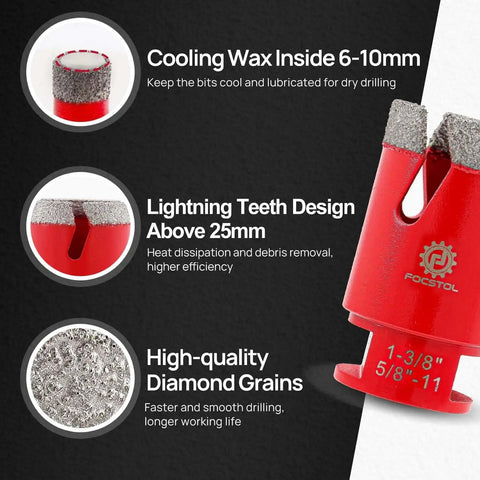 Image of a Pro Grade Diamond Core Drill Bit Set featuring cooling wax, lightning teeth design, and high-quality diamond grains for efficient drilling.
