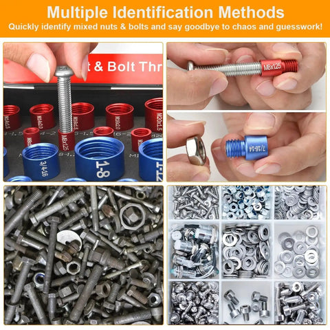 All In One 50 Piece Nut And Bolt Thread Checker Kit With 27 SAE And 23 Metric Sizes Detachable Bolt Size Finder And Nut Identifier Thread Gauge For Tight Spaces Ideal For Auto Shops Pros And DIY Enthusiasts Everyday On The Job displayed in use with detail on detachable parts and assorted fasteners.