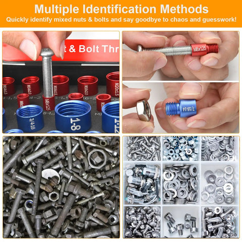 All In One Nut And Bolt Thread Checker Kit 50 Pcs SAE And Metric Detachable Size Finder, showcasing various bolts, nuts, and size gauges.