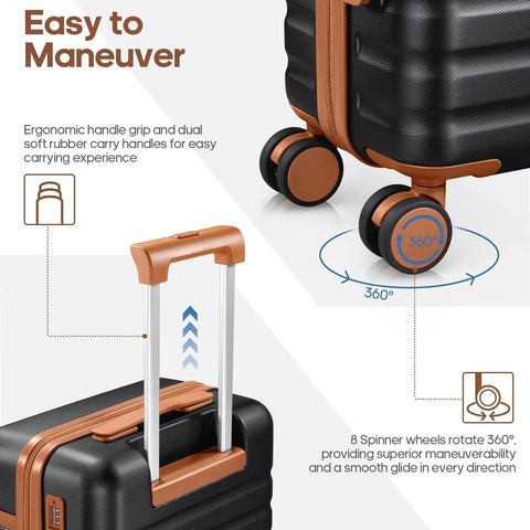 Close-up of Three Piece Luggage Set with 20 Inch Carry On Spinner Wheels PC Hardside Suitcase, showing ergonomic handles and spinner wheels.