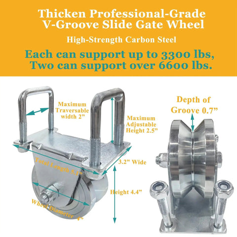 Front and side view of 4 inch V-Groove Sliding Gate Roller Wheels with zinc plating, showing dimensions and capacity details.