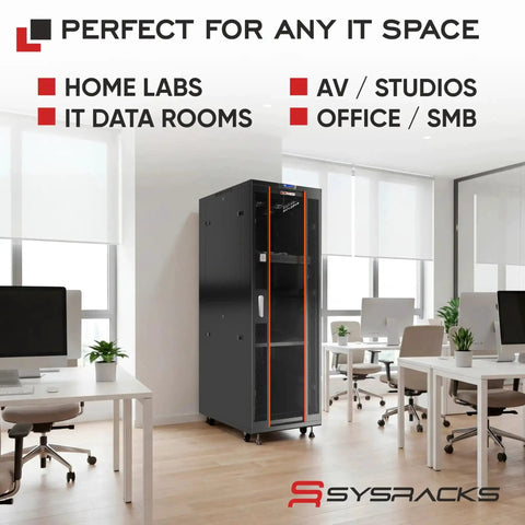 42U Server Rack Cabinet On Wheels With Glass Door 32 Inch Deep Network Enclosure for office IT setup