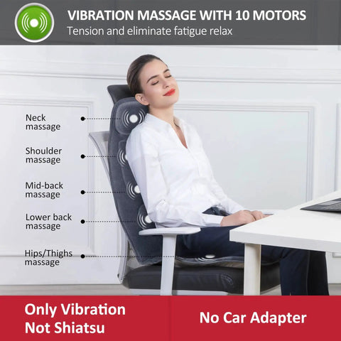 Woman relaxing on a Cozy Massage Seat Cushion with heat and memory foam neck and lumbar support, 10 vibration motors, in office setting