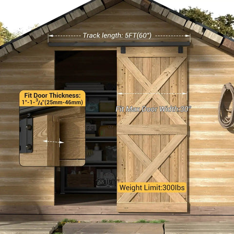 Five-Foot Box Rail Sliding Barn Door Hardware Kit With Wall Mount Track For Interior Openings installed on shed