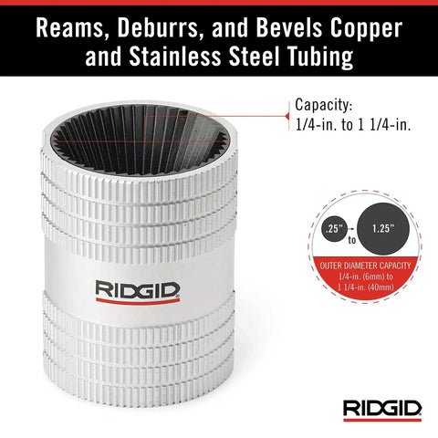 Effortless Copper And Stainless Steel Tubing Reamer For One Quarter To One And A Quarter Inch Pipes With Inner And Outer Cutting Action And 45 Cutting Edges RIDGID 29983 Model 223S Small, front view showing capacity range and logo.