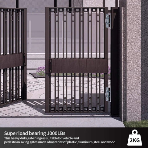 Heavy Duty Gate Hinges 2 Pack Bolt On Sealed Bearing Outdoor Gate Hinges Built Tough For Gates Up To 1250 Lbs Per Pair installed on metal gate