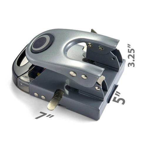 Heavy-Duty Two-Hole Punch With Chip Drawer, 50 Sheet Capacity, See-Through Window, Slide-Out Chip Bin, Silver and Navy, Dimensions Shown