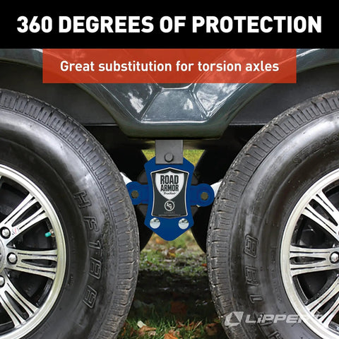Lippert Road Armor trailer equalizer kit for tandem axles, blue steel shock-absorbing device installed between wheels