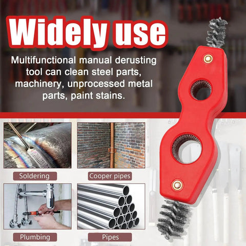 2 Pack 4 In 1 Copper Pipe Deburring Brush Set For One Half And Three Quarter Inch Inner And Outer Thread Cleaning Copper Cleaning Brush For Brazing Plumbing And Soldering With Heavy Duty Non Slip Black And Red Handles displayed on promotional background with multiple cleaning applications shown.