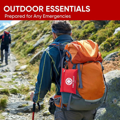 Hiker carrying Portable 150 Piece Mini First Aid Kit For Car Travel Home And Outdoor Adventures on orange backpack outdoors