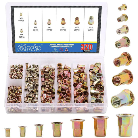 320Pcs Rivet Nut Assortment Kit M3 M4 M5 M6 M8 M10 M12 Half Hex Body Flange Rivet Nuts Zinc Plated Carbon Steel Flat Head Rivnut Set