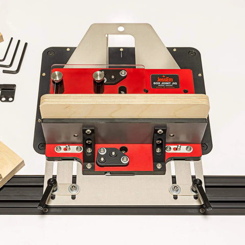 Pro Grade Box Joint Jig For Router Tables With Aluminum Indexing Keys And Smooth Bearing Glide System Includes One Quarter Inch, Three Eighths Inch, And One Half Inch Keys And Baltic Birch Fences For Precise Drawer And Box Joints