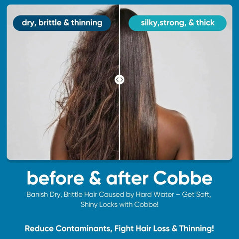 Before and after effects of using filtered shower head on dry, brittle hair versus silky, strong hair after chlorine removal.