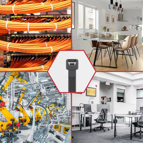 Heavy Duty Zip Ties 500 Pack Black Cable Ties In 8, 12, 14, 18 Inch Sizes, Ultra Strong 220 Lb Tensile Strength, Industrial Plastic Tie Wrap For Indoor Outdoor Cord Management And DIY Projects shown securing cables and equipment in various settings.