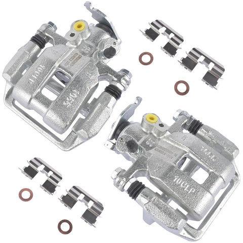 Two silver disc brake caliper assemblies with brackets and hardware for Honda/Acura rear driver and passenger sides