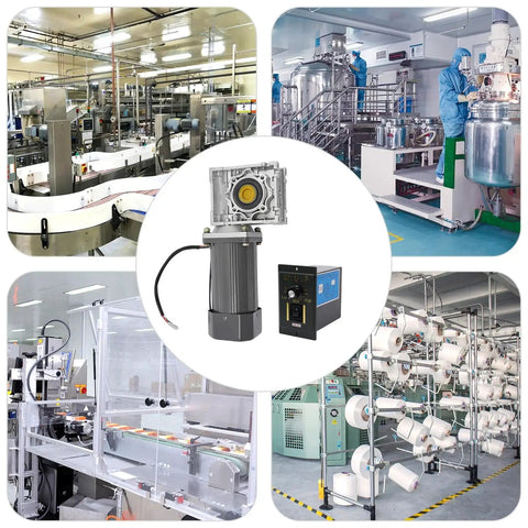 AC 110V 370W Worm Gear Reducer Motor With Speed Controller shown with industrial application scenes