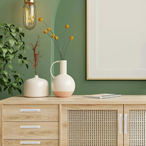 Modern dresser with decorative vases and 8 Pack Barn Door Handles For Closets And Sliding Doors Seven And A Half Inch Center To Center Silver Zinc Alloy Cabinet Pulls With Smooth Finish.