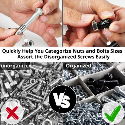 Precision Nut and Bolt Thread Checker Tool with 28 High-Quality Male and Female Gauges for 15 Standard Inch and 13 Metric Sizes, showing organized and unorganized screws for easy classification.