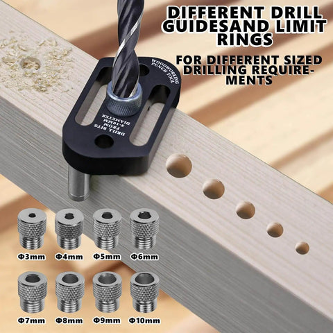 Self Centering Woodworking Drill Guide For Precise Mortise Positioning Handheld Drill Locator with 8 Hole Sizes in use on wood