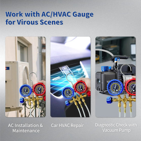 WISSCOOL 1/4-in refrigerant charging hoses, set of 3, 60 in length, blue/red gauge manifolds