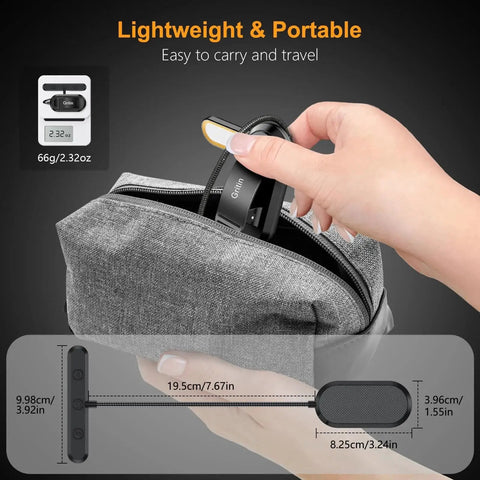 Rechargeable Clip On Book Light With 19 LEDs 3 Color Temps 5 Levels Memory being stored in a small gray pouch, dimensions shown.