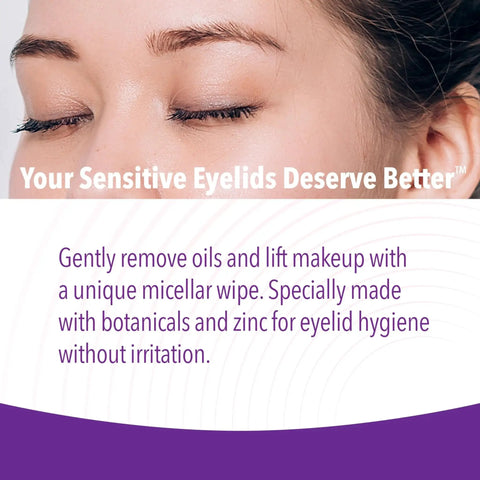 Preservative Free Micellar No Rinse Eyelid Cleansing Wipes For Sensitive Eyelids displayed with closed eyes background
