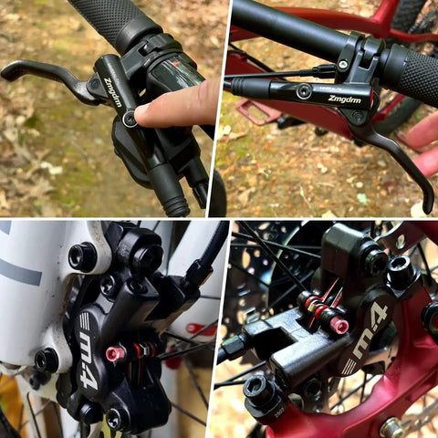Splumzer MTB 4-piston hydraulic disc brake set for mountain bike; front-left lever and rear-right calipers mounted.
