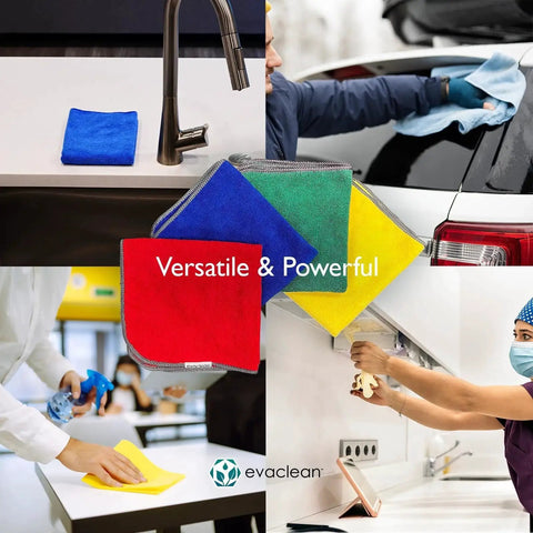 Collage of Premium Microfiber Cleaning Cloths Blue 16x16 12 Pack Reusable Non Scratch used on car, countertop, and kitchen sink