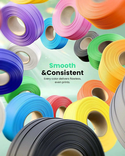 Colorful PLA filament rolls for 3D printing, featuring Premium 1.75mm Black PLA Filament Refill For Reusable Spools, 1kg, Built For Bambu Lab Printers.