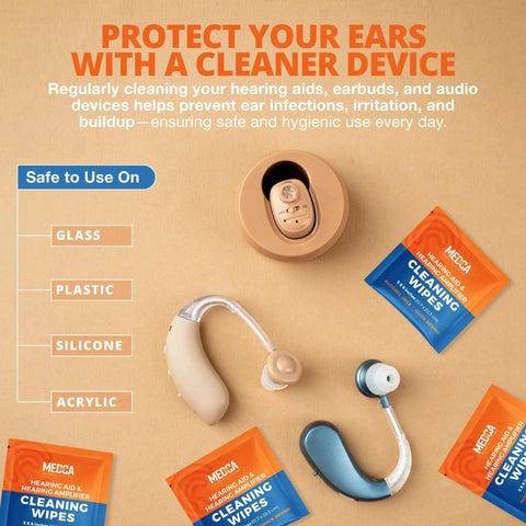 Hearing Aid Cleaning Wipes Alcohol Free Individually Wrapped For Hearing Aids next to hearing aids and earbuds.