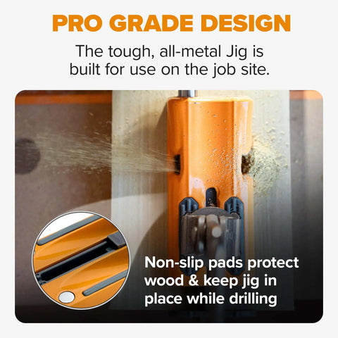 Pro Compact Pocket Hole Jig Kit With Auto Adjusting Drill Guide, Durable Woodworking Jig shown with wood and drill in use