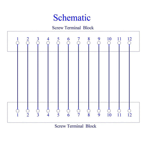 Schematic of Heavy Duty Rail Mount 12 Position Screw Terminal Block Distribution Module with labeled connections