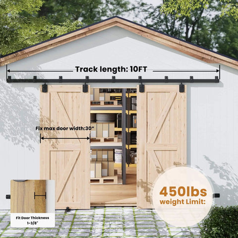 Exterior Sliding Barn Door Hardware Kit Box Rail Track Set For Outdoor Use Heavy Duty 450 Pound Capacity Wall Mount Kit Beefed Up And Ready For Double Thirty Inch Doors installed on shed
