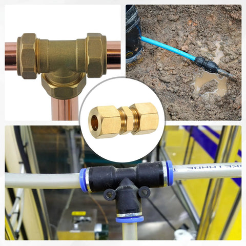 Brass compression Tee fitting on copper pipe, 10mm tube OD, front view
Blue tube connected to pipe via compression union outdoors in muddy ground
Brass straight compression coupling adapter with ferrules, 2 pcs
Tubing system with white plastic tube, blue clamps and inline connector
