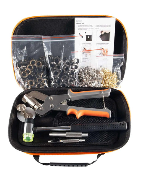 Pro Grade Grommet Kit with hammer, 200x10mm, 300x6mm grommets, plier, and bag for DIY tarps, leather belts, fabric banners
