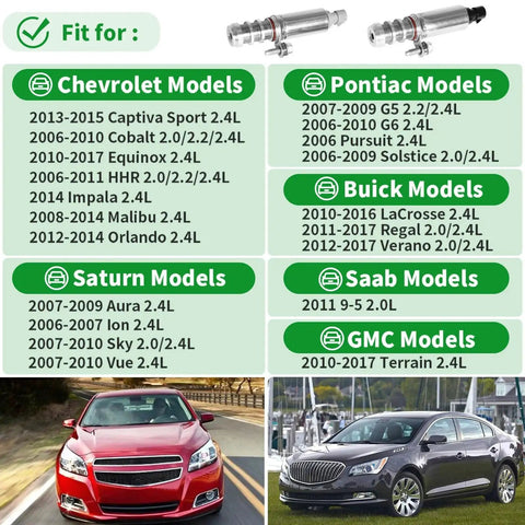 Intake And Exhaust Camshaft Position Actuator Solenoid Valve VVT Oil Control Kit fitment guide with Chevy, Saturn, Buick models