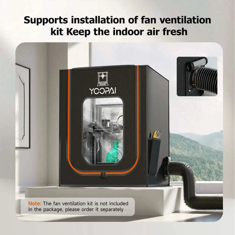 Black 3D printer enclosure with vent hose supports Adjustable Ventilation Kit For 3D Printer Enclosure To Improve Print Quality