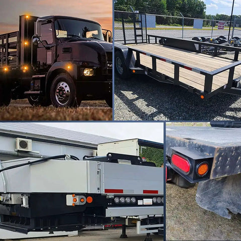 Collage of vehicles with 2 Inch Round Amber Marker Light With 9 LEDs for trucks, trailers, tractors, and more, showing light installation.
