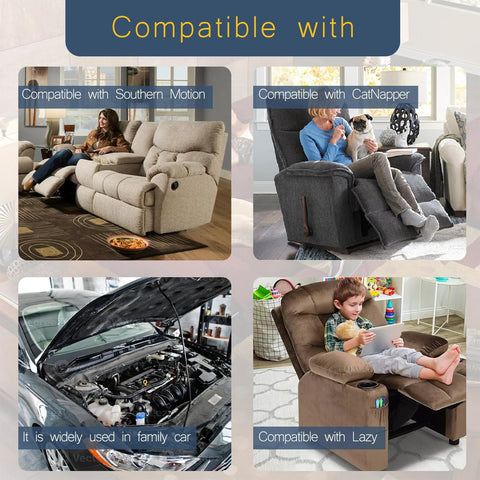Beige fabric recliner sofa, front view with plush cushions

Gray recliner chair, side view with extended footrest

Car engine bay under the hood, visible engine components

Brown recliner chair with child using tablet, living room setting