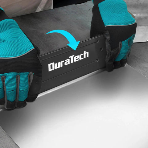 12 Inch Sheet Metal Bender For Duct Bending And Hand Seamer With Three Eighths Inch And One Inch Fold Depths For Precise HVAC Ducts And Metal Fabrication On The Job Site Built From Cold Rolled Carbon Steel For Pro Grade Strength Gray Duratech, shown in use with gloves.