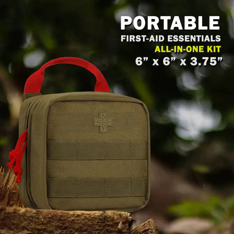 Portable 180-piece tactical first aid kit with IFAK MOLLE pouch, 6x6x3.75 in., outdoor essentials for camping, hiking, and travel.