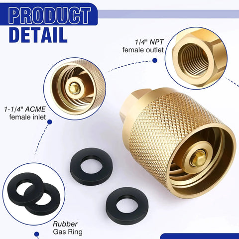 Forklift Propane Tank Connector 1-1/4 Inlet To 1/4 NPT Outlet 4 O Rings 2 Pack with detailed view of parts
