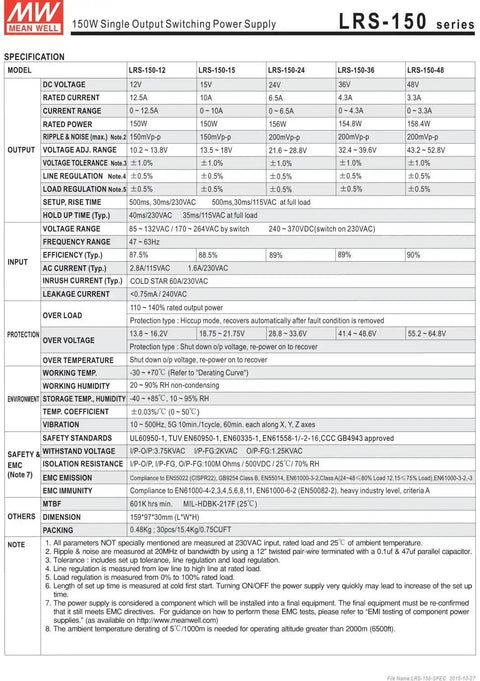 Technical specifications sheet for LRS-150 series, including 24V 6.5A 156W Switching Power Supply LRS-150-24 details.