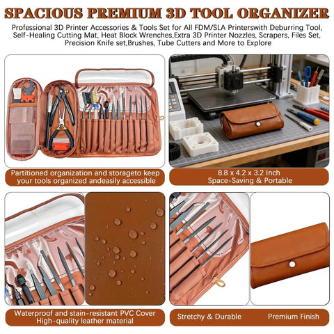 66-Piece All-In-One 3D Printer Tools Kit With Storage Case For FDM And SLA Printers includes tools organized in leather case