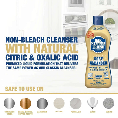 Soft Cleanser Liquid 2 Pack 13 Oz Bottles Multipurpose Cleaner and Rust Stain Remover for Stainless Steel Porcelain Ceramic Tile and More