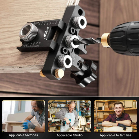 Close-up of 3-In-1 Dowel Jig Kit for precise doweling and self-centering alignment, with adjustable drill guides in use on wood.