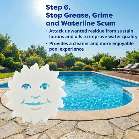 Step 6 guide for Pre Measured Pool Opening Kit For Up To 35,000 Gallons With Sodium Dichlor Clarifier and Algaecide pictured by a pool.