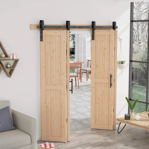 84 Inch Bifold Barn Door with 90 Inch Hardware Kit included, space saving folding design, 4 panel set, installed in a room