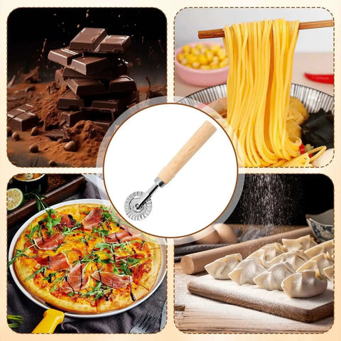 Fluted Pastry Wheel Cutter with perforated wooden handle and 1.3 in wheel for easy crinkle edges in pasta and ravioli.